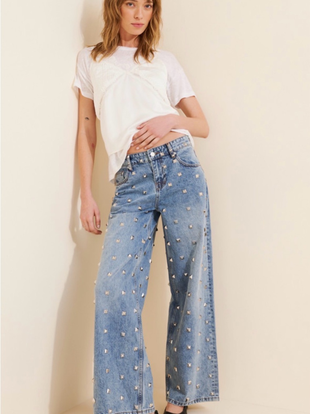The Ragged Priest Light Blue Studded Wide-Leg Jeans 🔥 Size 25